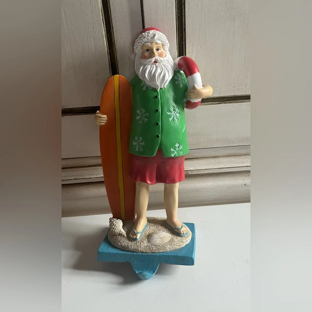 Christmas Mantle Surfing Santa Stocking Holder Holiday Decor Felted Bottom